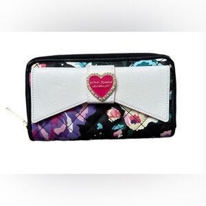 Betsey Johnson White Bow Floral Zip Around Wallet Black Multi